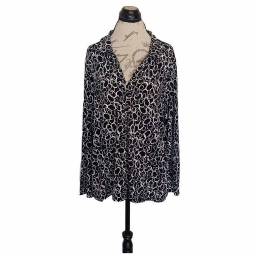 Style&Co Womens Blouse Top Size 2X Black White Long Sleeve Collar Stretch Casual